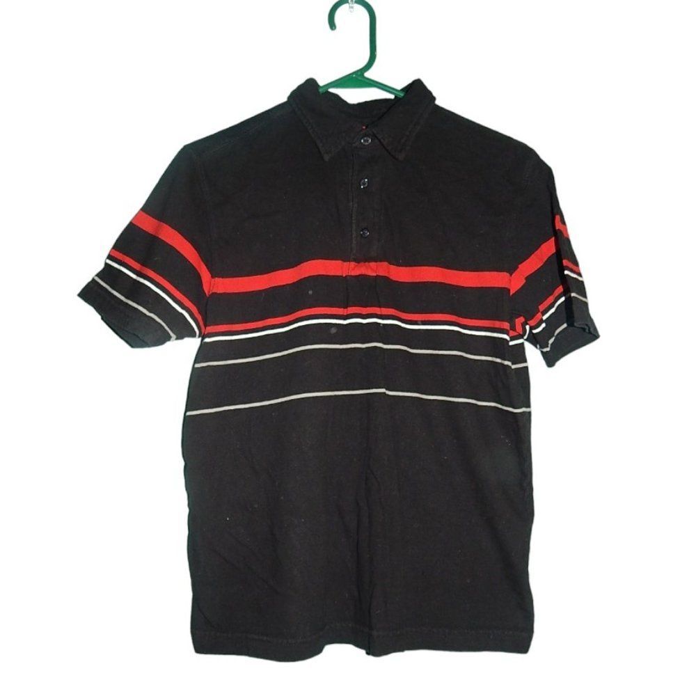 Vintage Mossimo Men’s Medium Black Red White Striped Polo Shirt 100% Cotton Y2K